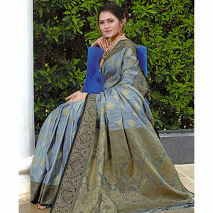 Grey Zari Woven Art Silk Saree