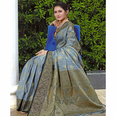Grey Zari Woven Art Silk Saree