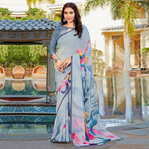 Greyish Blue Casual Wear Printed Georgette Saree