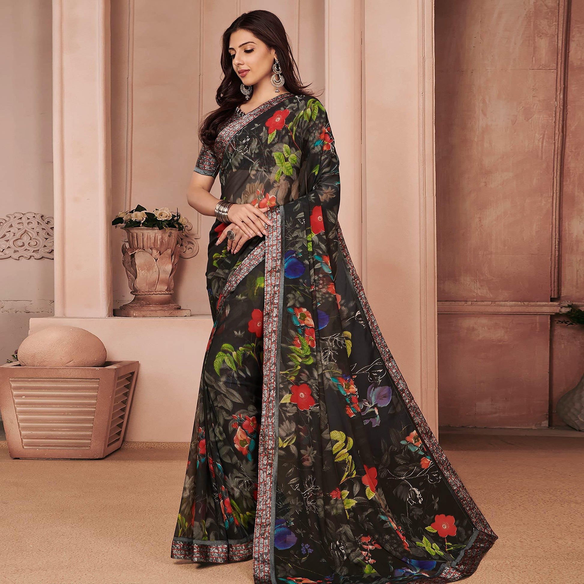 Greyish-Green Festive Wear Floral Printed Weightless Satin Lace Saree