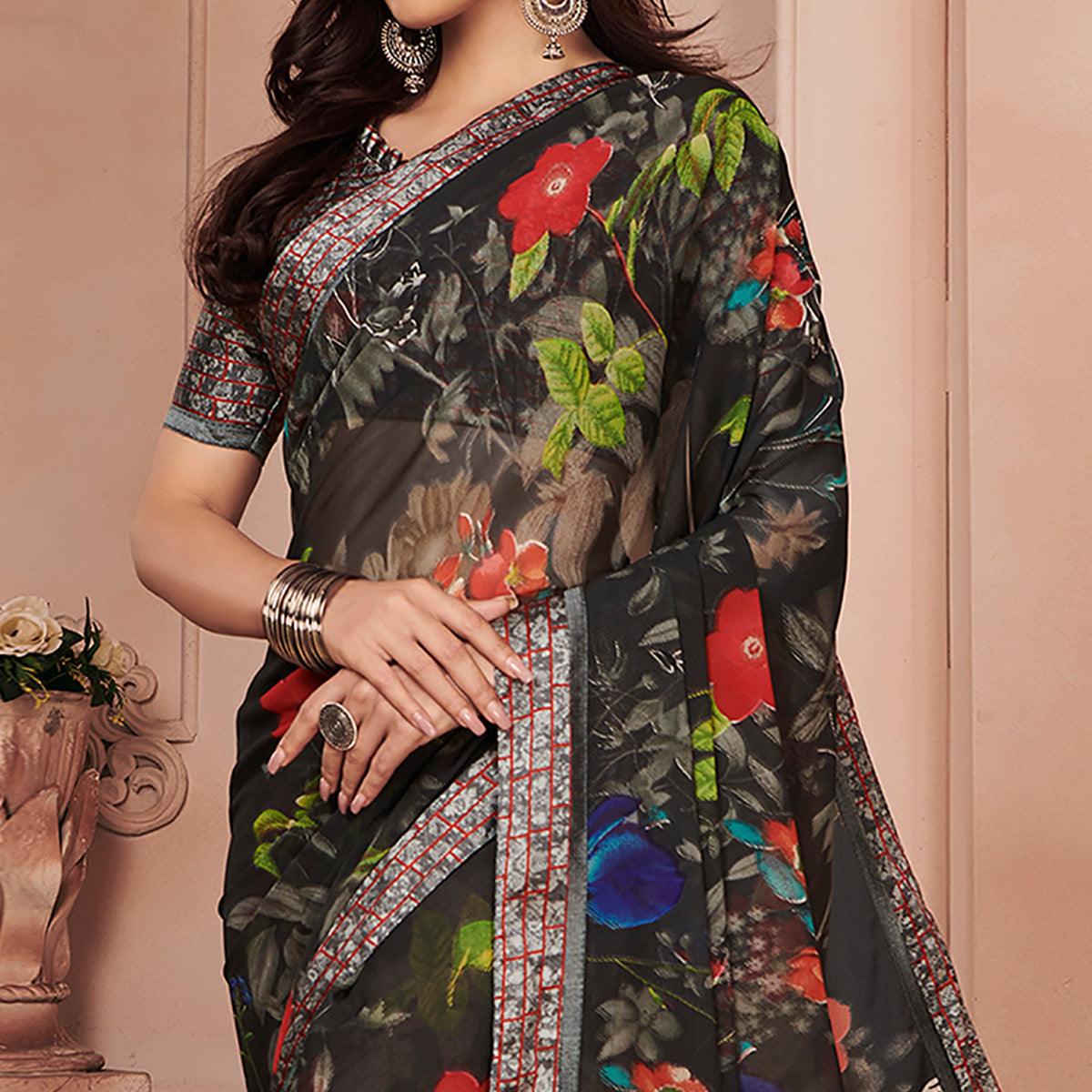 Greyish-Green Festive Wear Floral Printed Weightless Satin Lace Saree