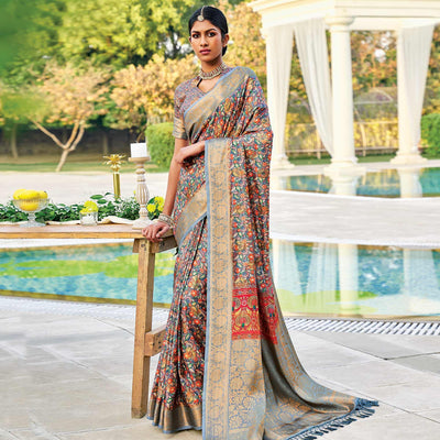 Greyish Multi Festive Wear Digital Printed Woven Silk Saree