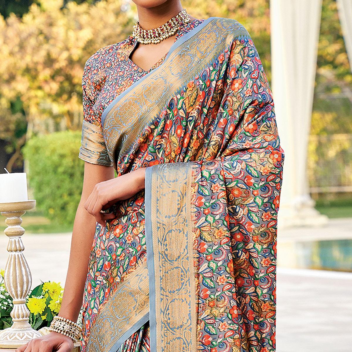 Greyish Multi Festive Wear Digital Printed Woven Silk Saree