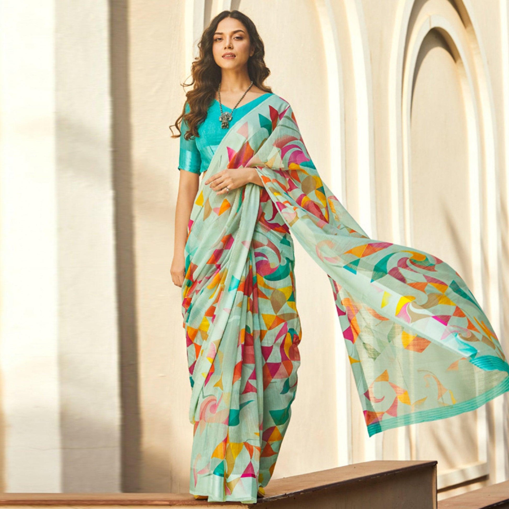 Groovy Aqua Blue Colored Casual Wear Printed Linen - Cotton Saree