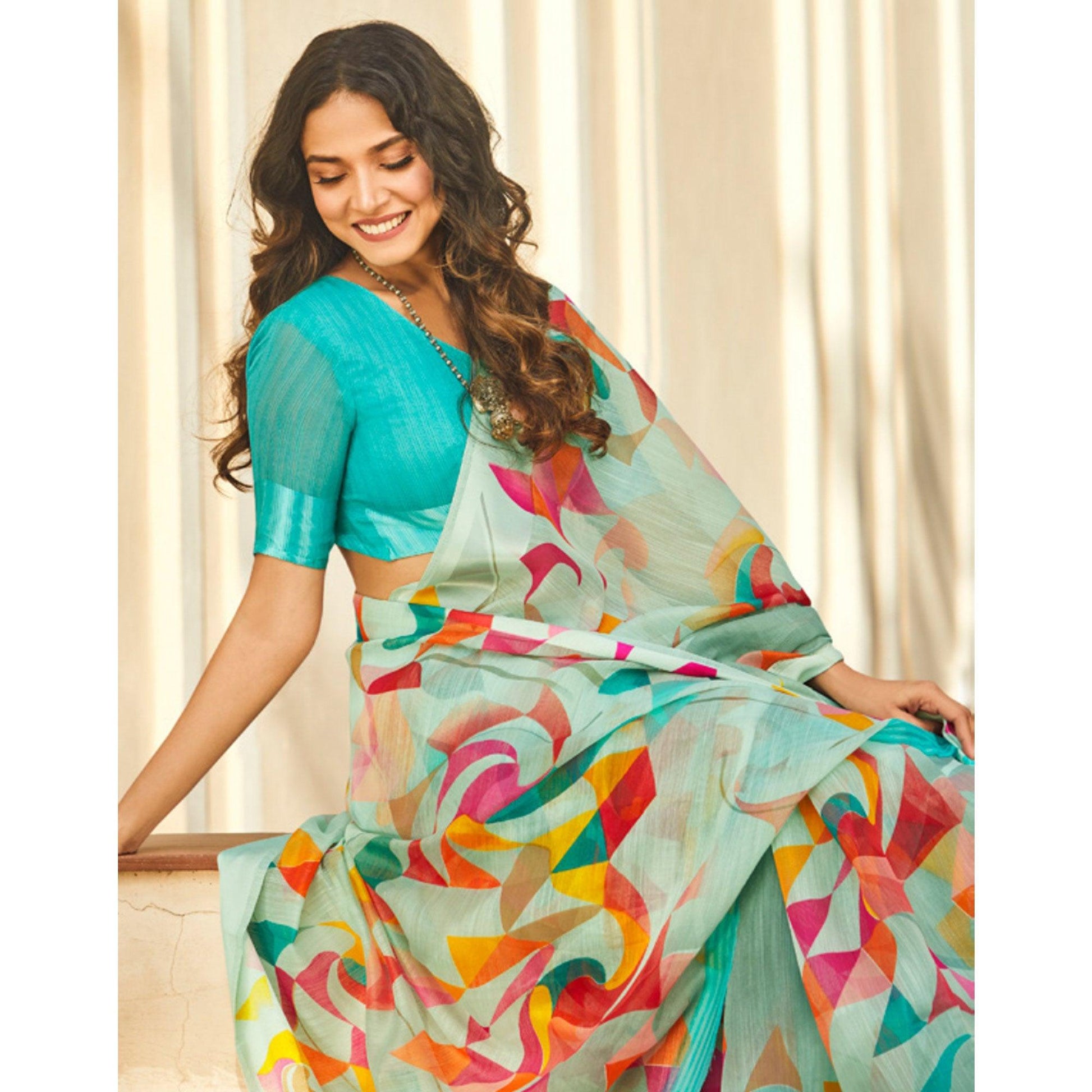 Groovy Aqua Blue Colored Casual Wear Printed Linen - Cotton Saree