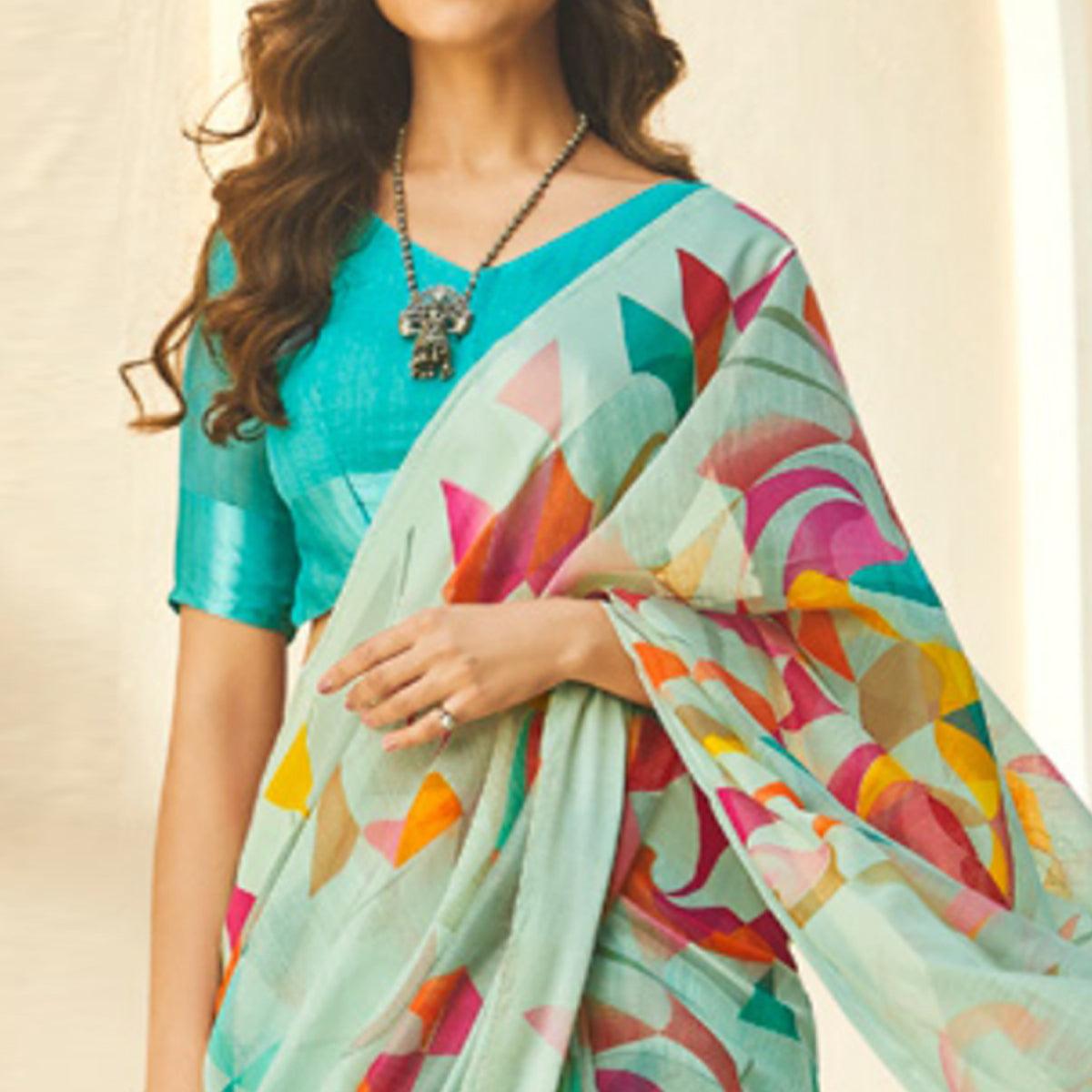 Groovy Aqua Blue Colored Casual Wear Printed Linen - Cotton Saree