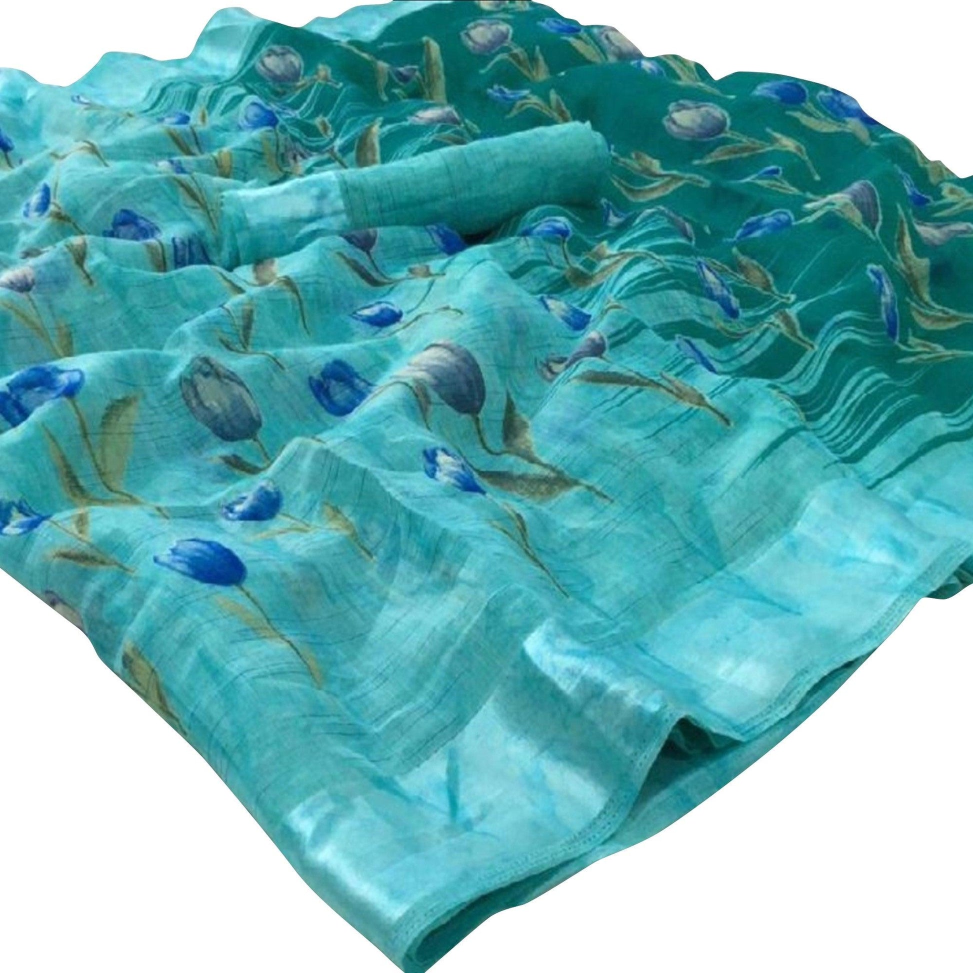 Groovy Auqa Blue Colored Casual Wear Floral Printed Linen Saree