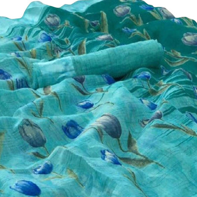 Groovy Auqa Blue Colored Casual Wear Floral Printed Linen Saree