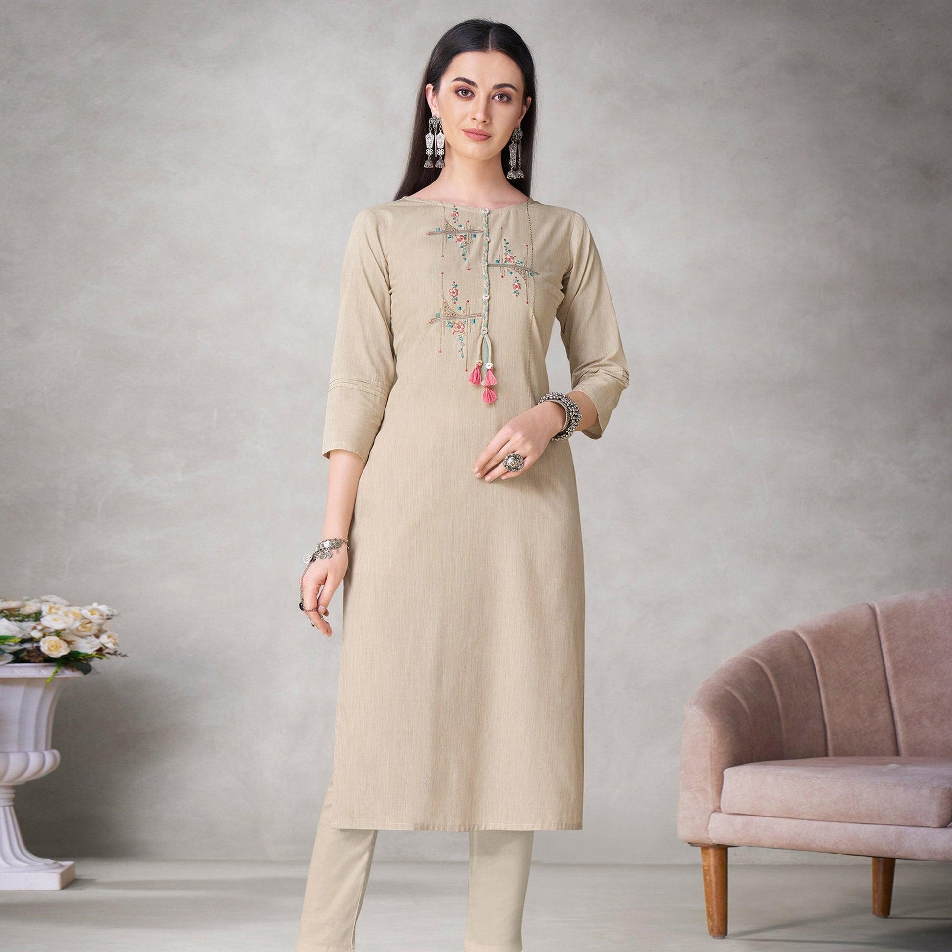 Groovy Beige Colored Partywear Embroidered Viscose Kurti