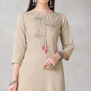 Groovy Beige Colored Partywear Embroidered Viscose Kurti