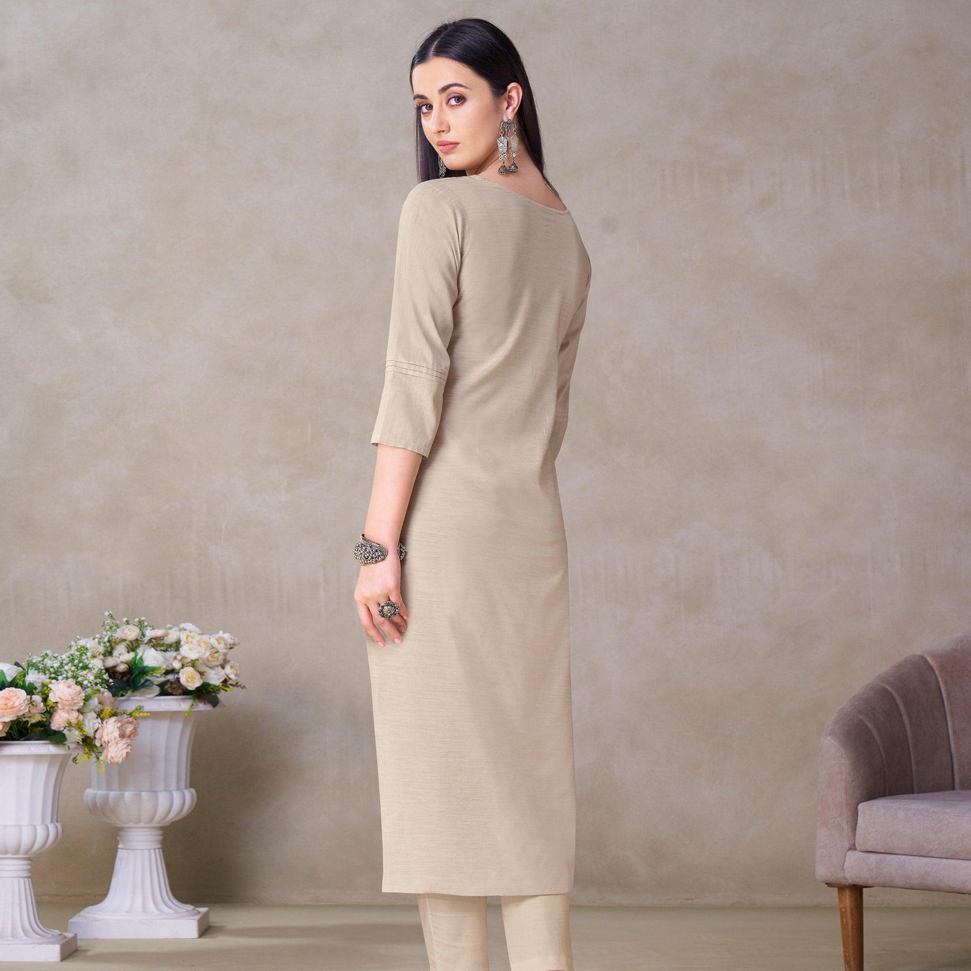 Groovy Beige Colored Partywear Embroidered Viscose Kurti