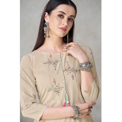 Groovy Beige Colored Partywear Embroidered Viscose Kurti