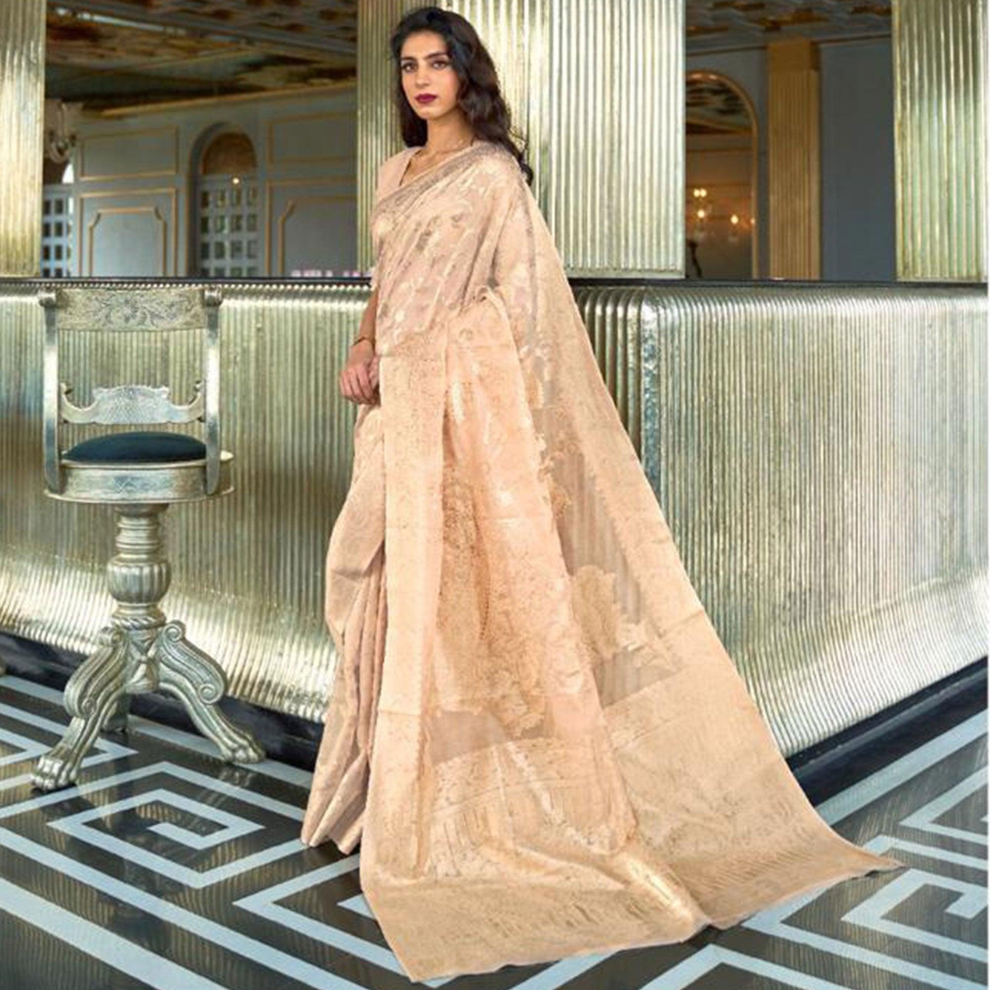 Groovy Beige Coloured Partywear Pure Modal Woven Silk Saree