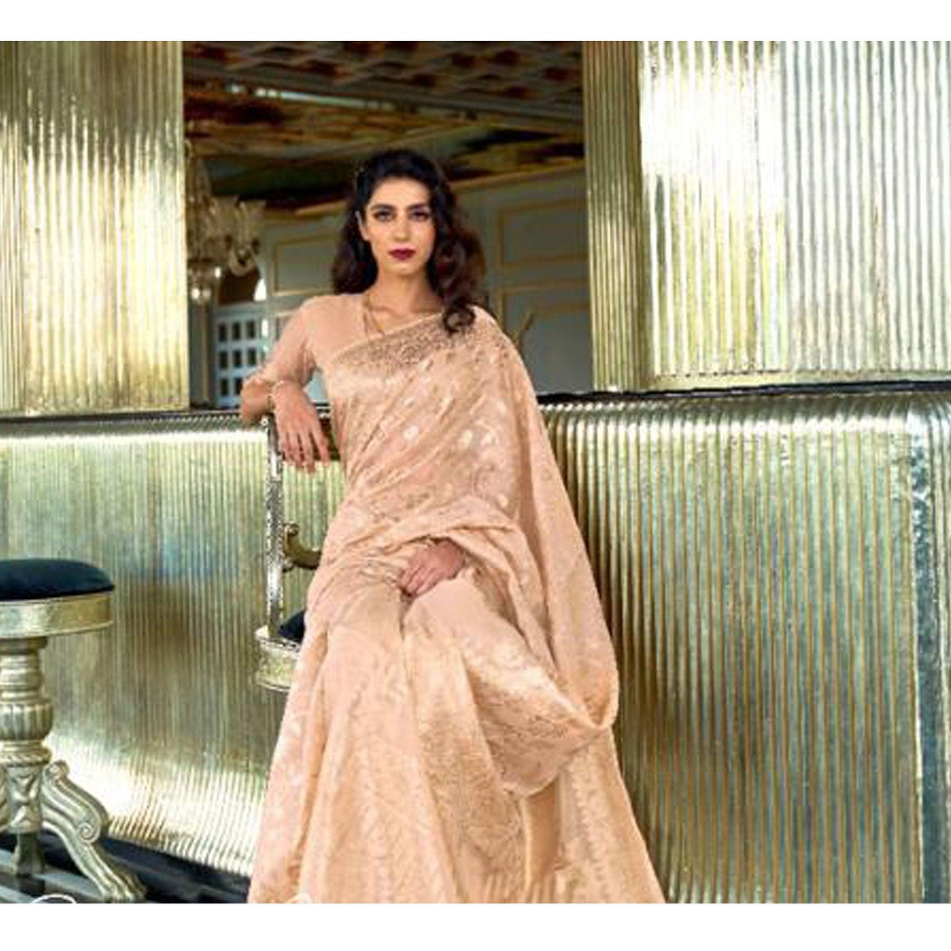 Groovy Beige Coloured Partywear Pure Modal Woven Silk Saree