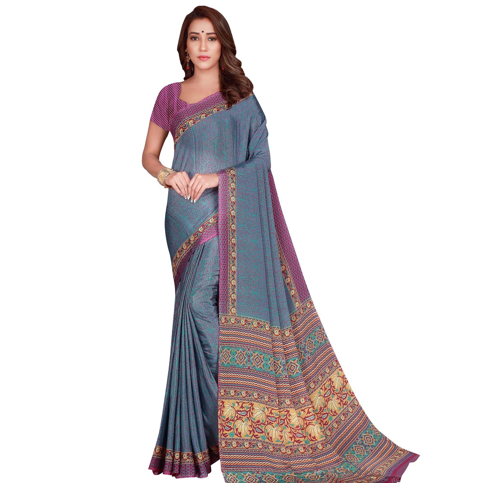 Groovy Blue Colored Casual Wear Printed Silk Crepe Saree