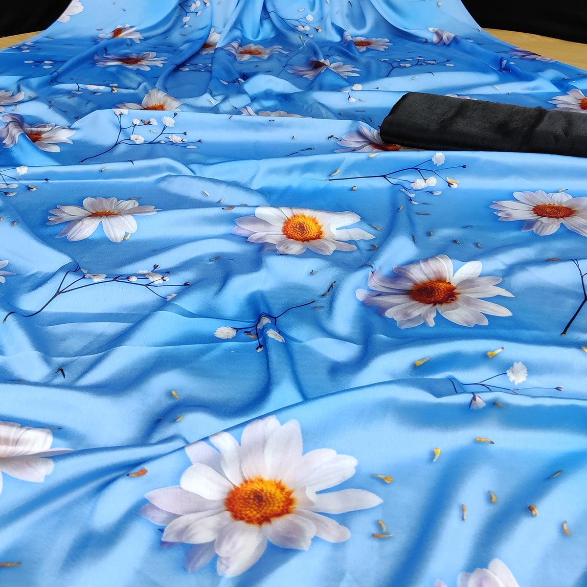 Groovy Blue Coloured Casual Wear Digital Printed Satin Saree