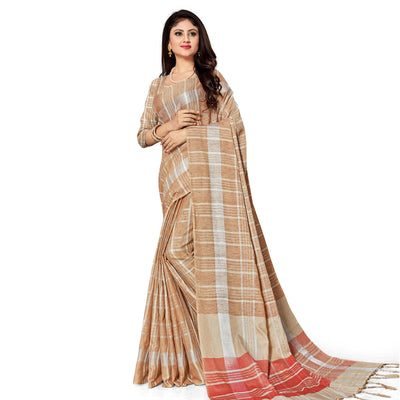 Groovy Brown Colored Fesive Wear Stripe Print Cotton Silk Saree With Tassels