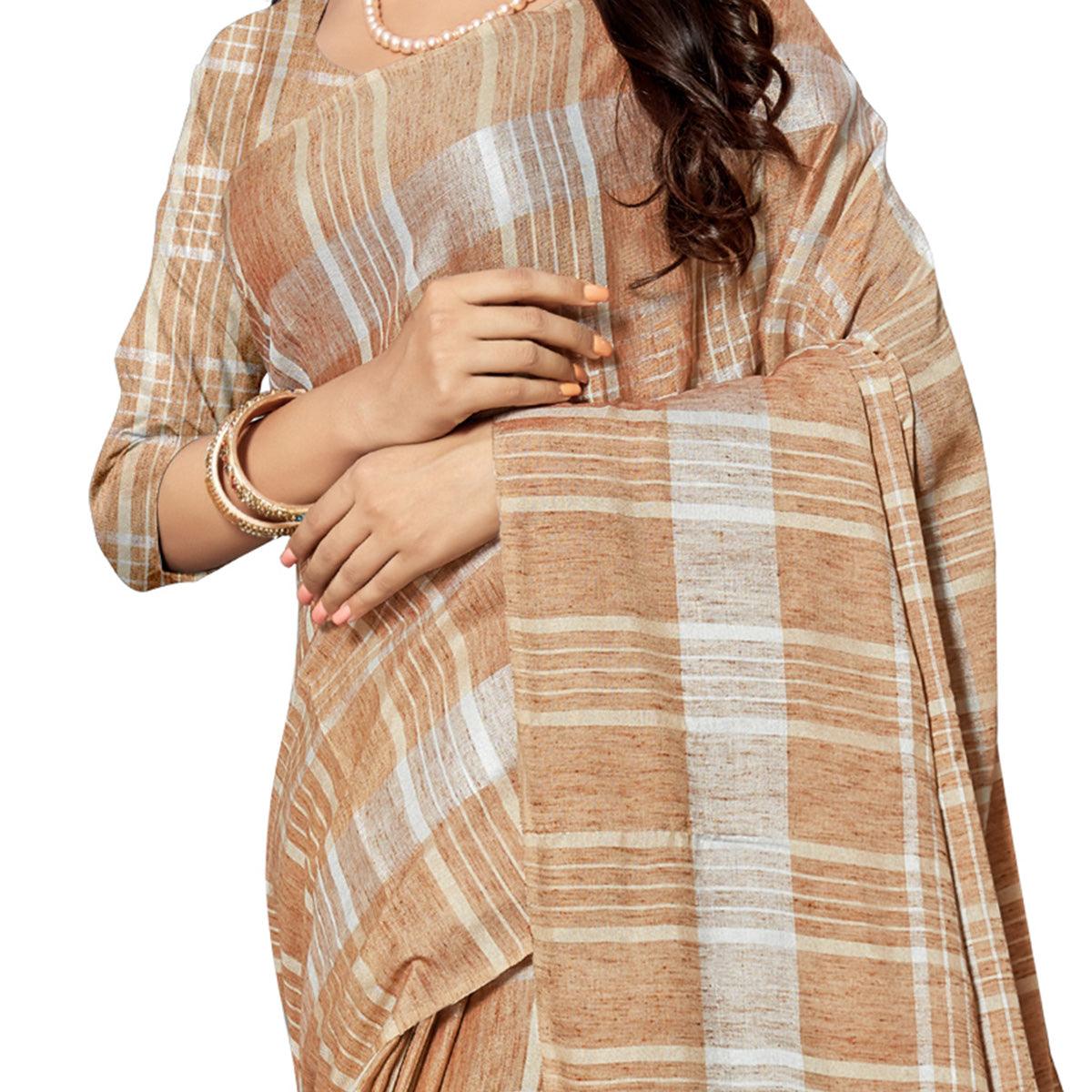 Groovy Brown Colored Fesive Wear Stripe Print Cotton Silk Saree With Tassels