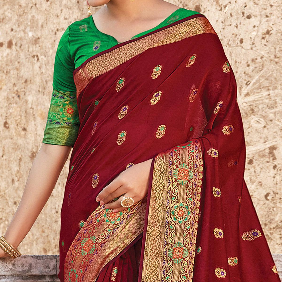 Groovy Brown Colored Festive Wear Woven Cotton Handloom Saree