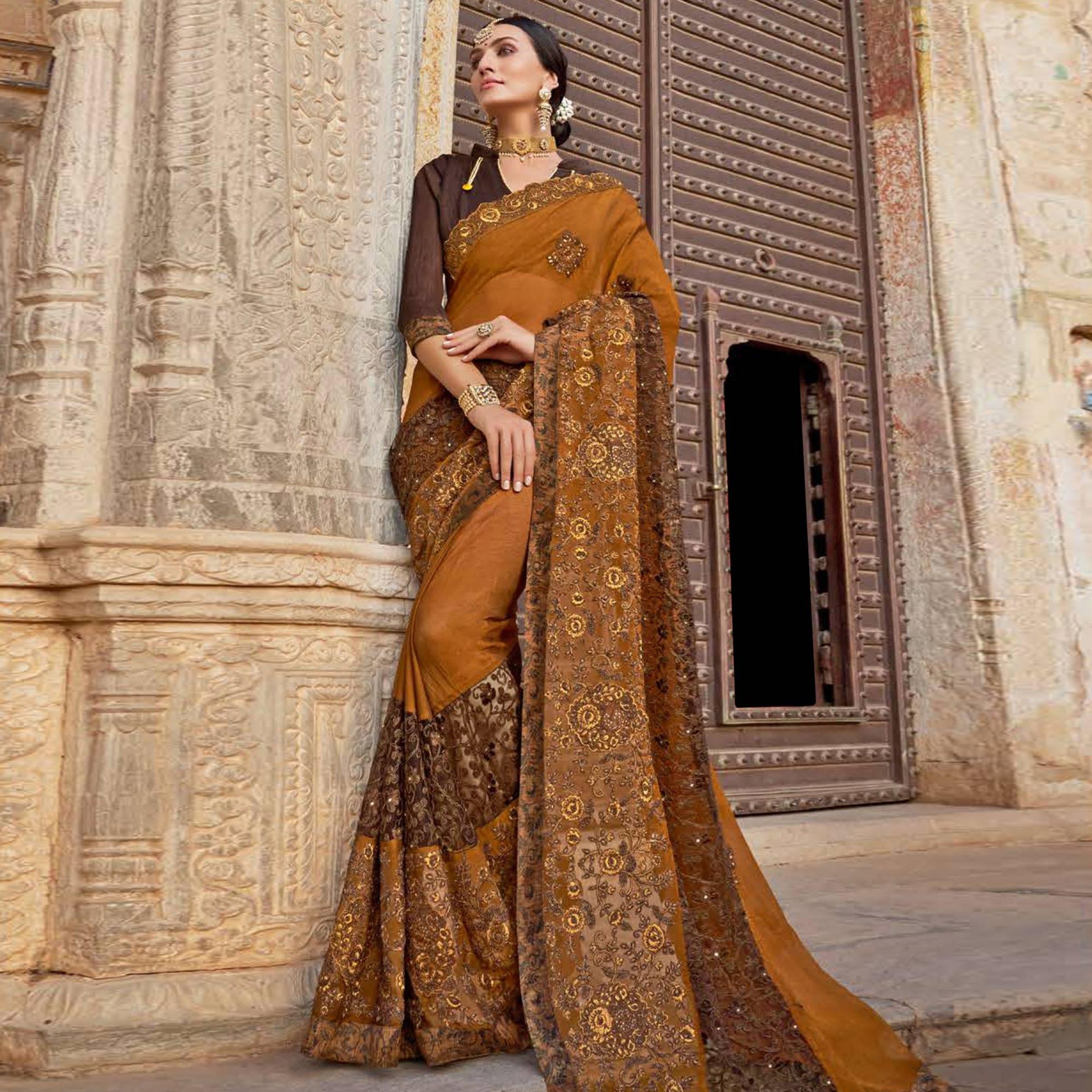 Groovy Brown Colored Party Wear Embroidered Vichitra Art Silk Saree