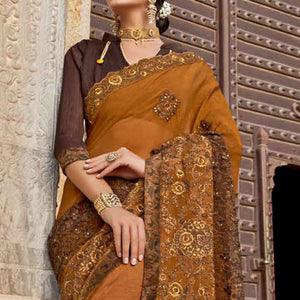 Groovy Brown Colored Party Wear Embroidered Vichitra Art Silk Saree