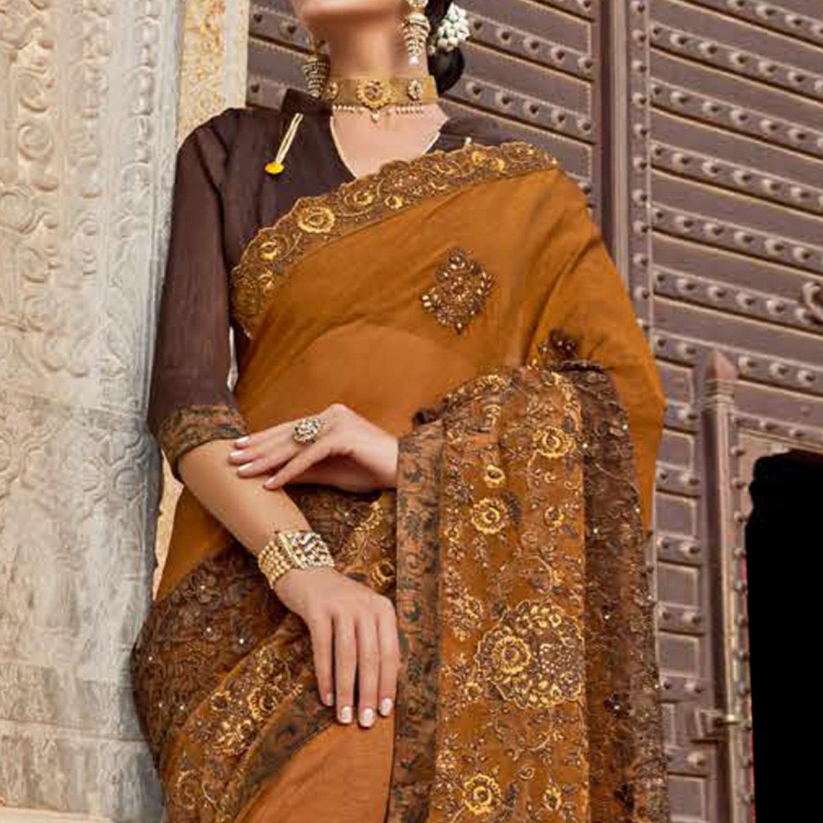 Groovy Brown Colored Party Wear Embroidered Vichitra Art Silk Saree