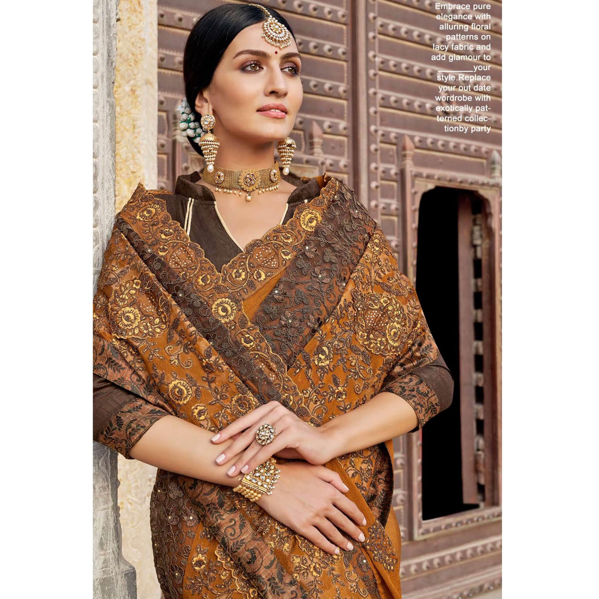Groovy Brown Colored Party Wear Embroidered Vichitra Art Silk Saree
