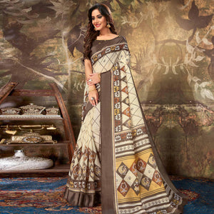 Groovy Cream Colored Casual Wear Geometric Printed Cotton Saree