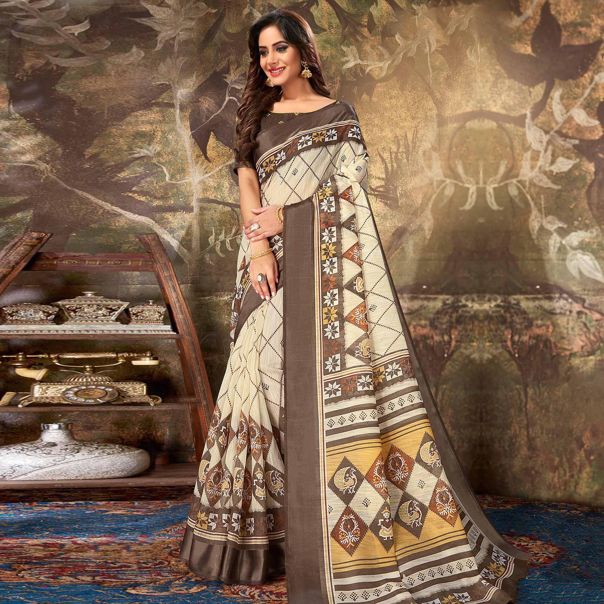 Groovy Cream Colored Casual Wear Geometric Printed Cotton Saree