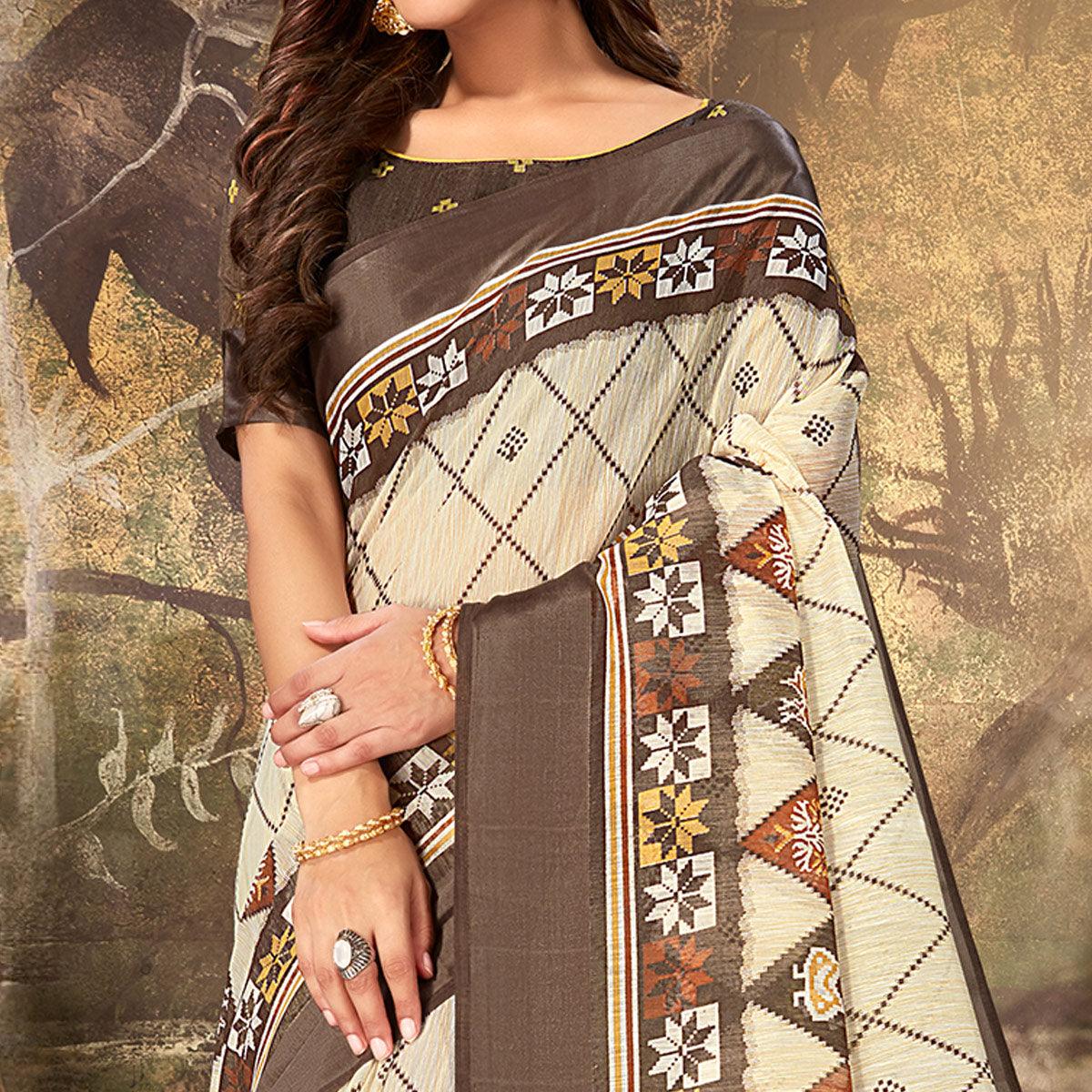 Groovy Cream Colored Casual Wear Geometric Printed Cotton Saree