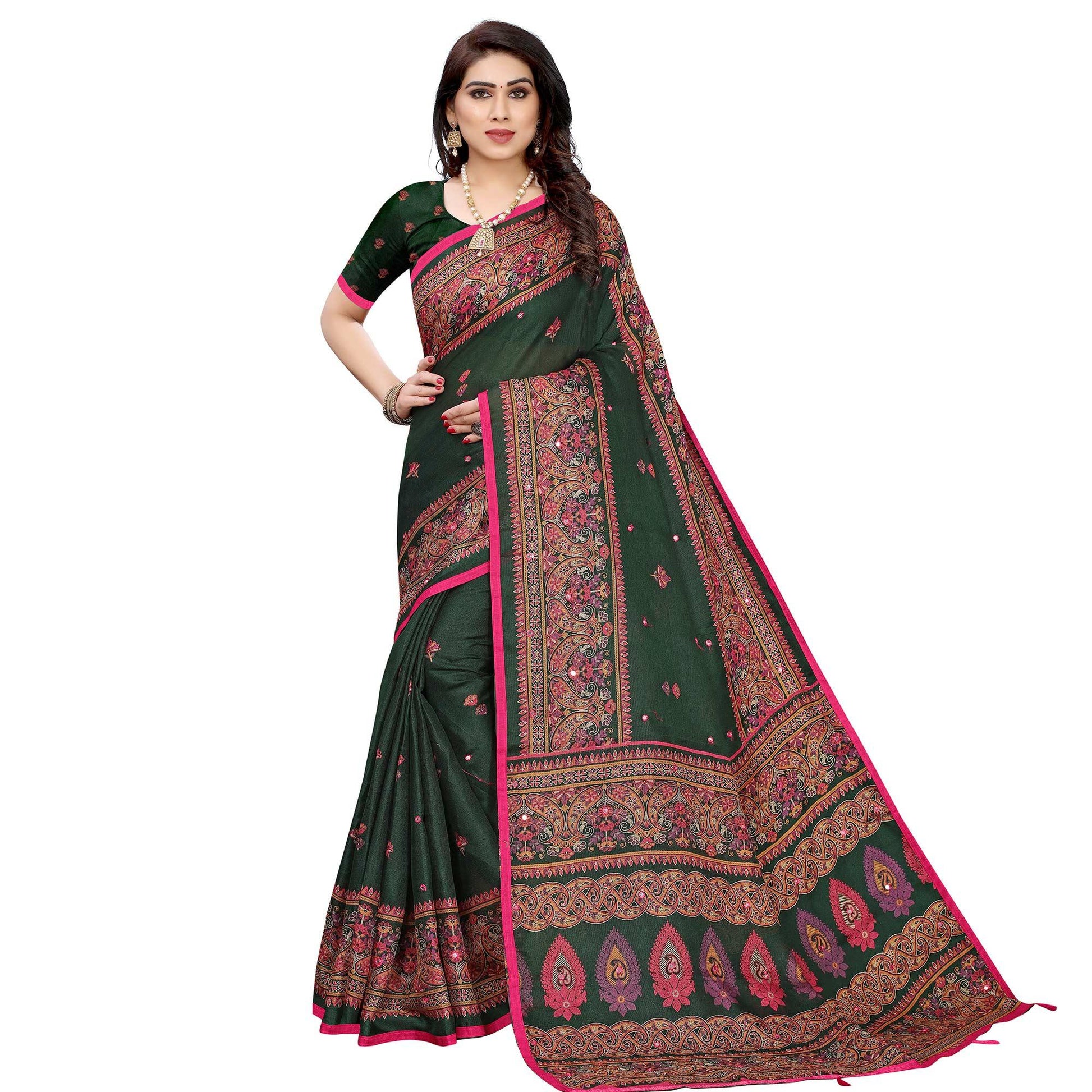 Groovy Dark Green Colored Festive Wear Woven Linen Silk Saree