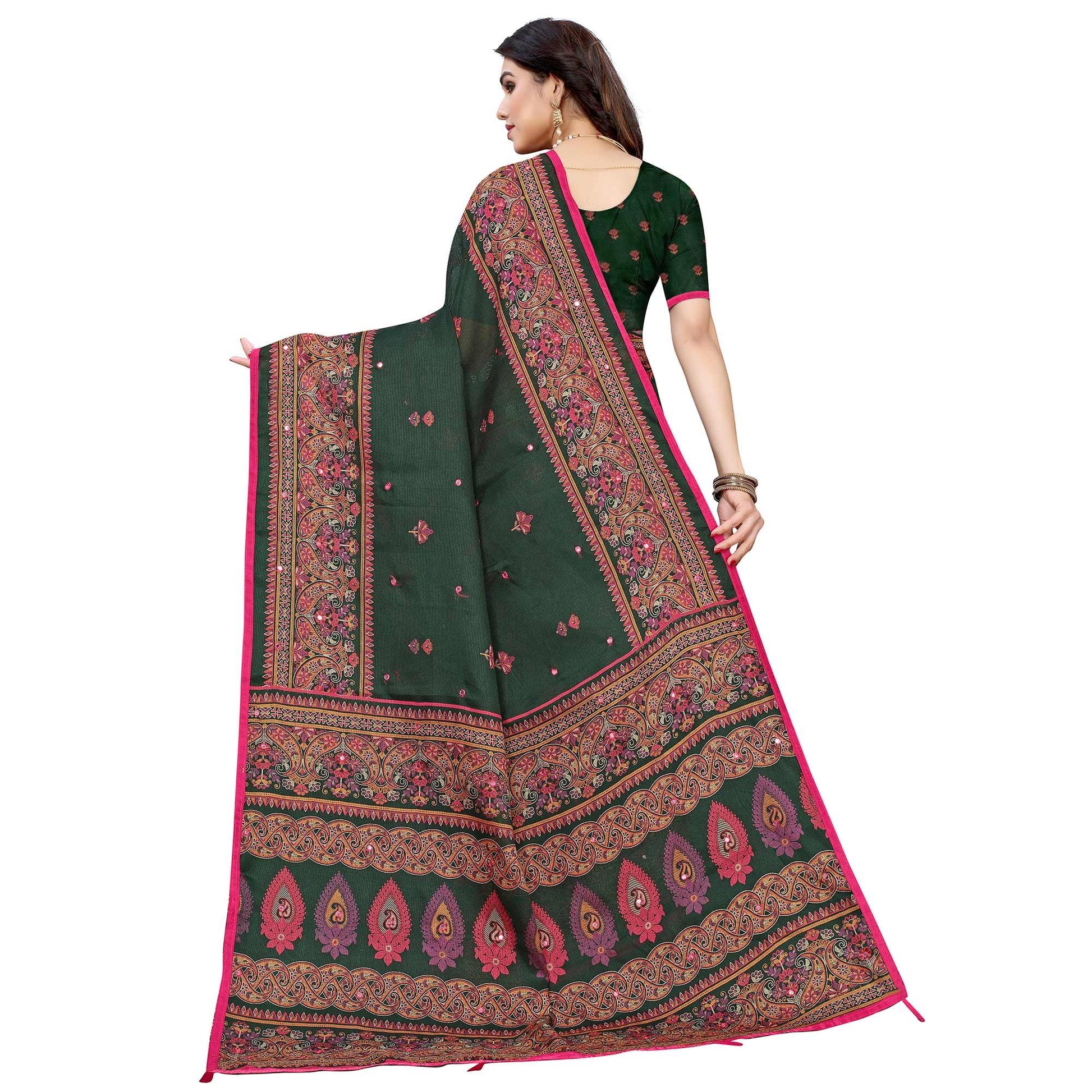 Groovy Dark Green Colored Festive Wear Woven Linen Silk Saree