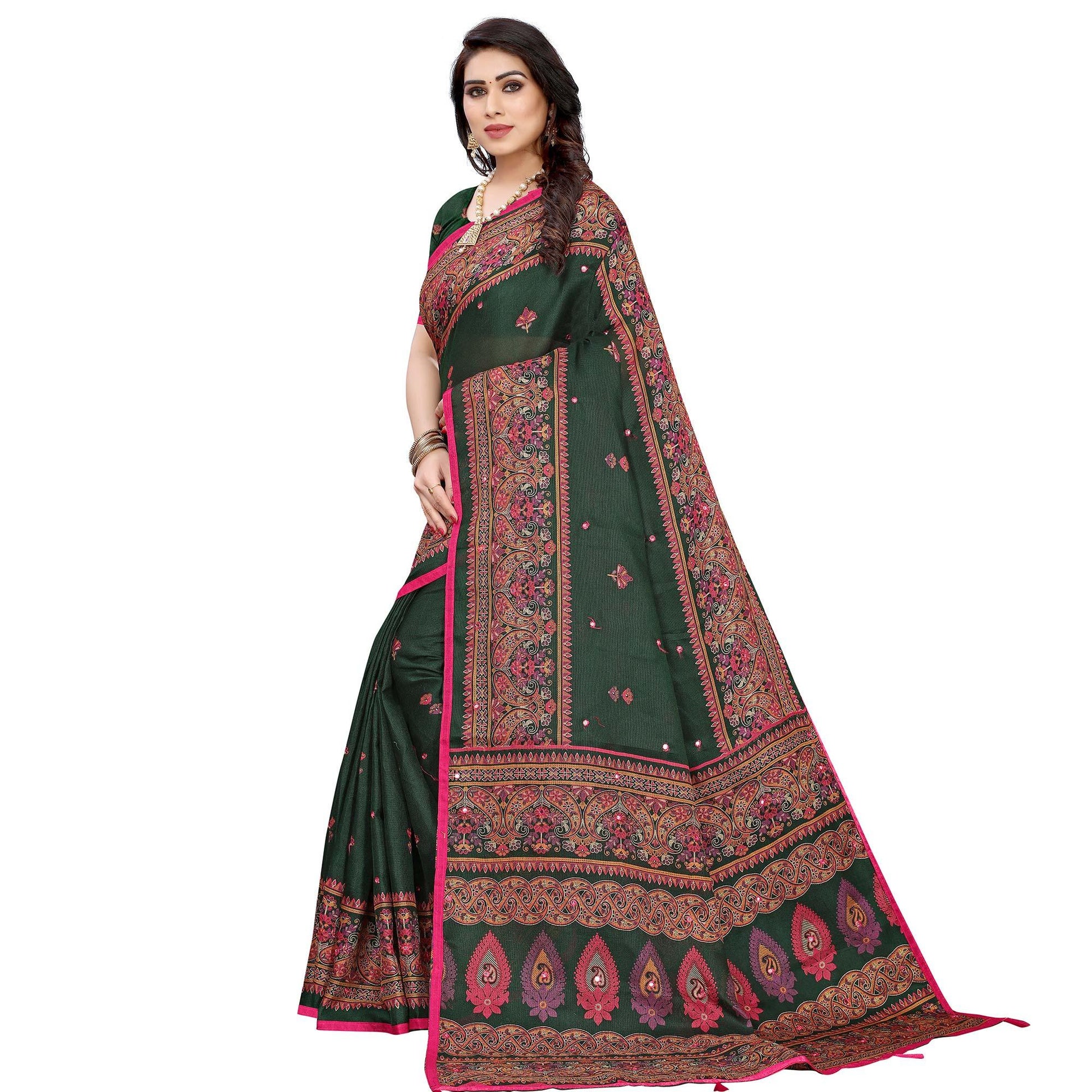 Groovy Dark Green Colored Festive Wear Woven Linen Silk Saree