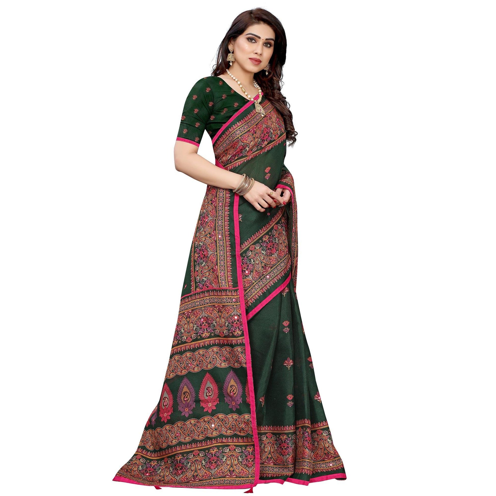 Groovy Dark Green Colored Festive Wear Woven Linen Silk Saree