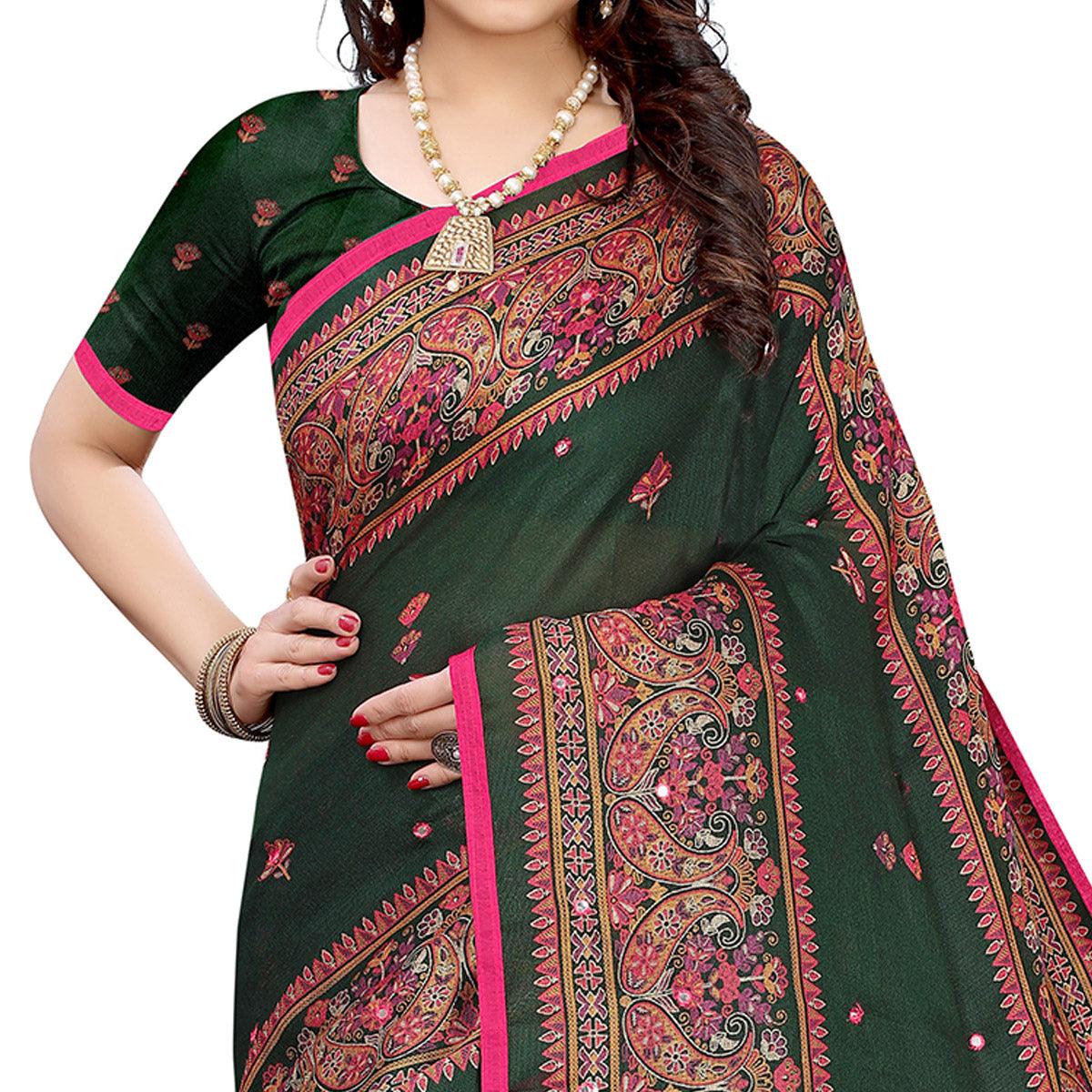 Groovy Dark Green Colored Festive Wear Woven Linen Silk Saree