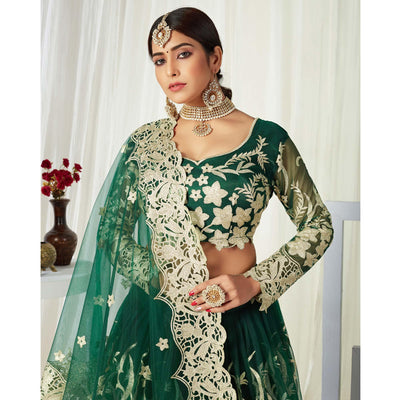 Groovy Dark Green Colored Wedding Wear Butterfly Net With Embroidered Lehenga Choli