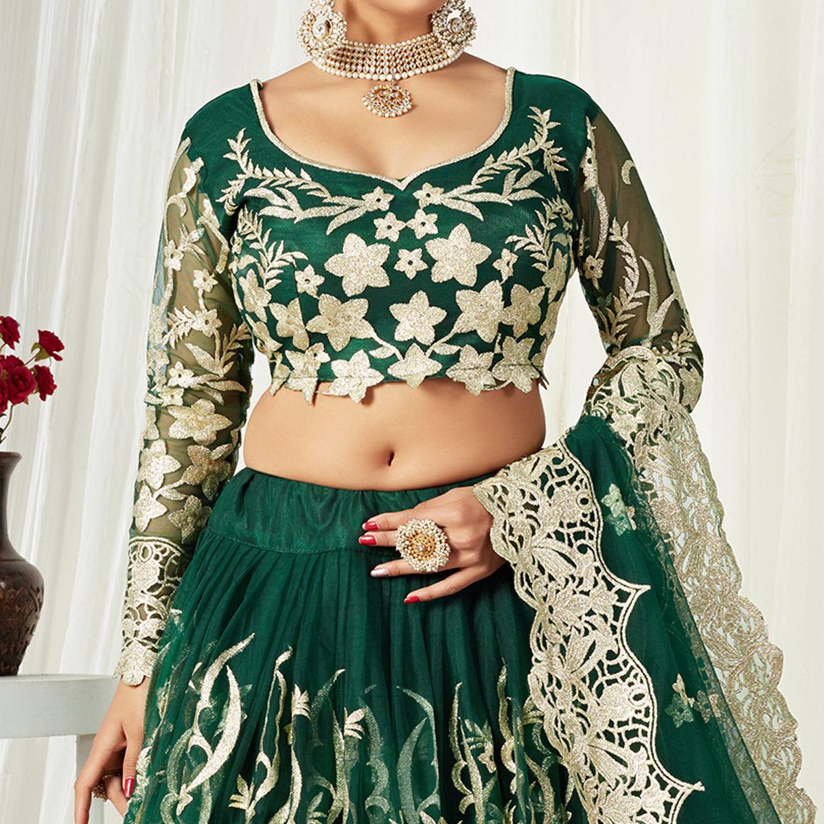 Groovy Dark Green Colored Wedding Wear Butterfly Net With Embroidered Lehenga Choli