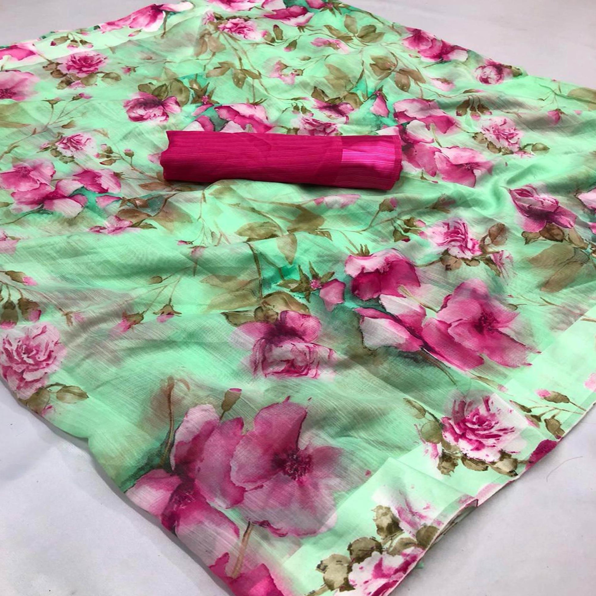 Groovy Green Colored Casual Wear Floral Printed Linen Saree