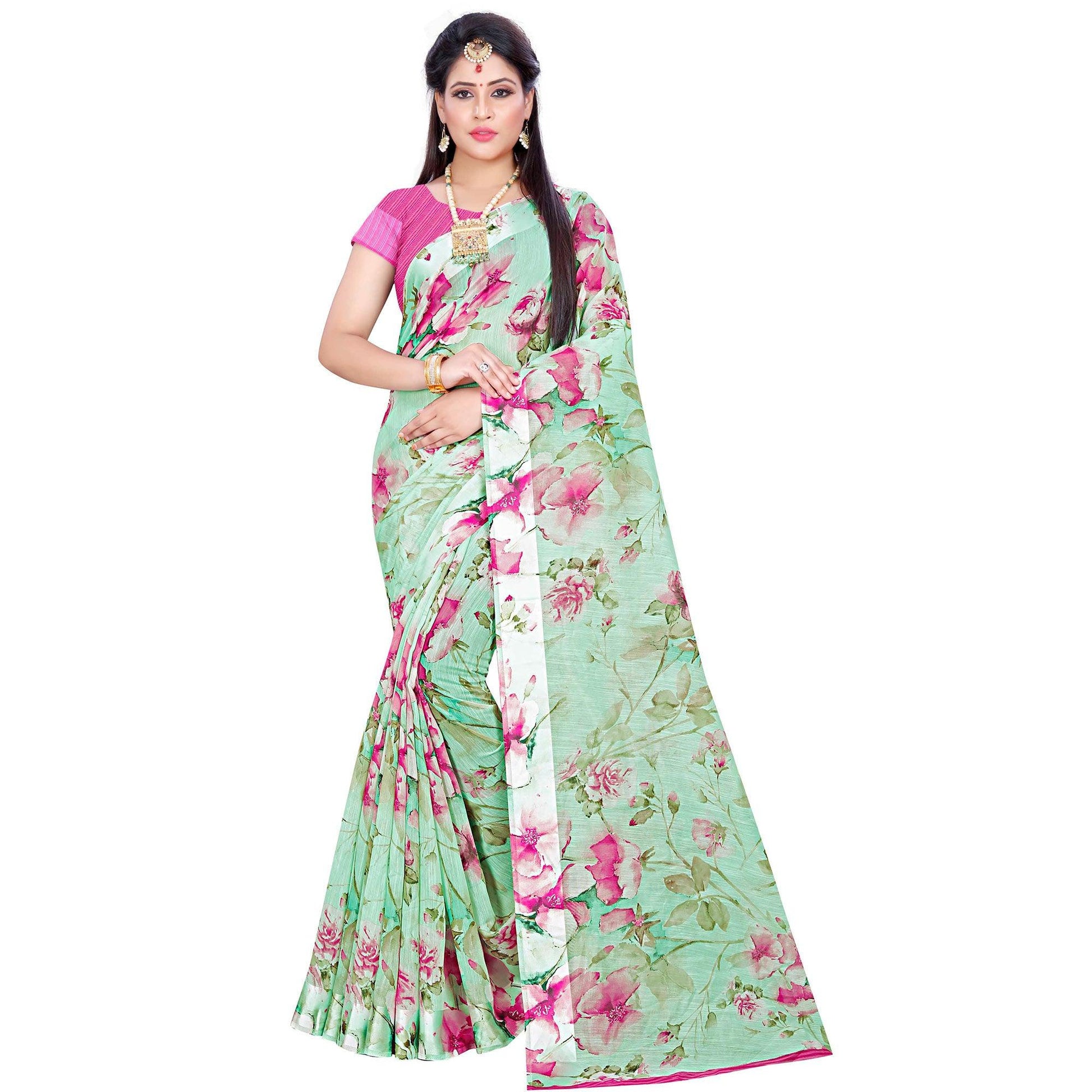 Groovy Green Colored Casual Wear Floral Printed Linen Saree