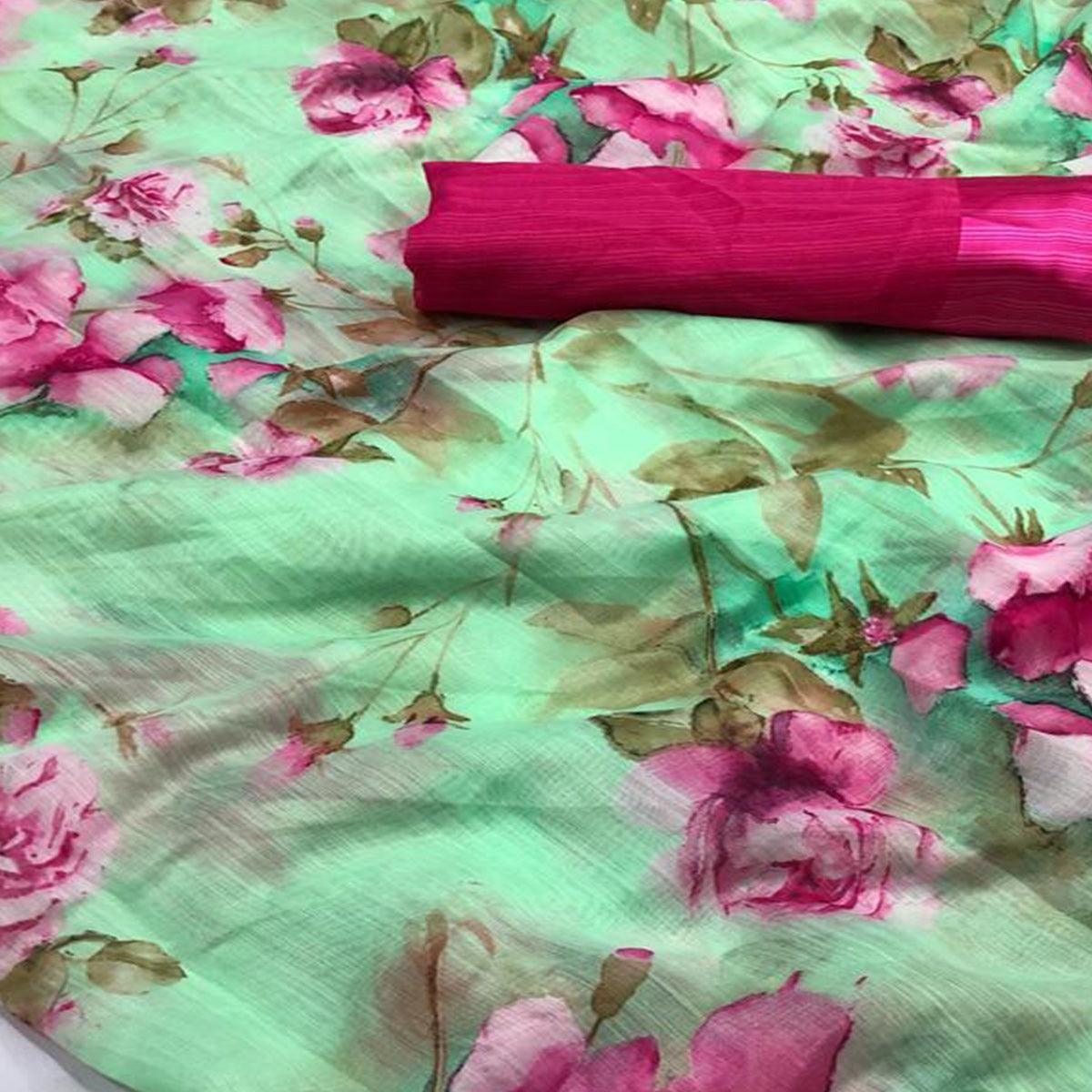 Groovy Green Colored Casual Wear Floral Printed Linen Saree