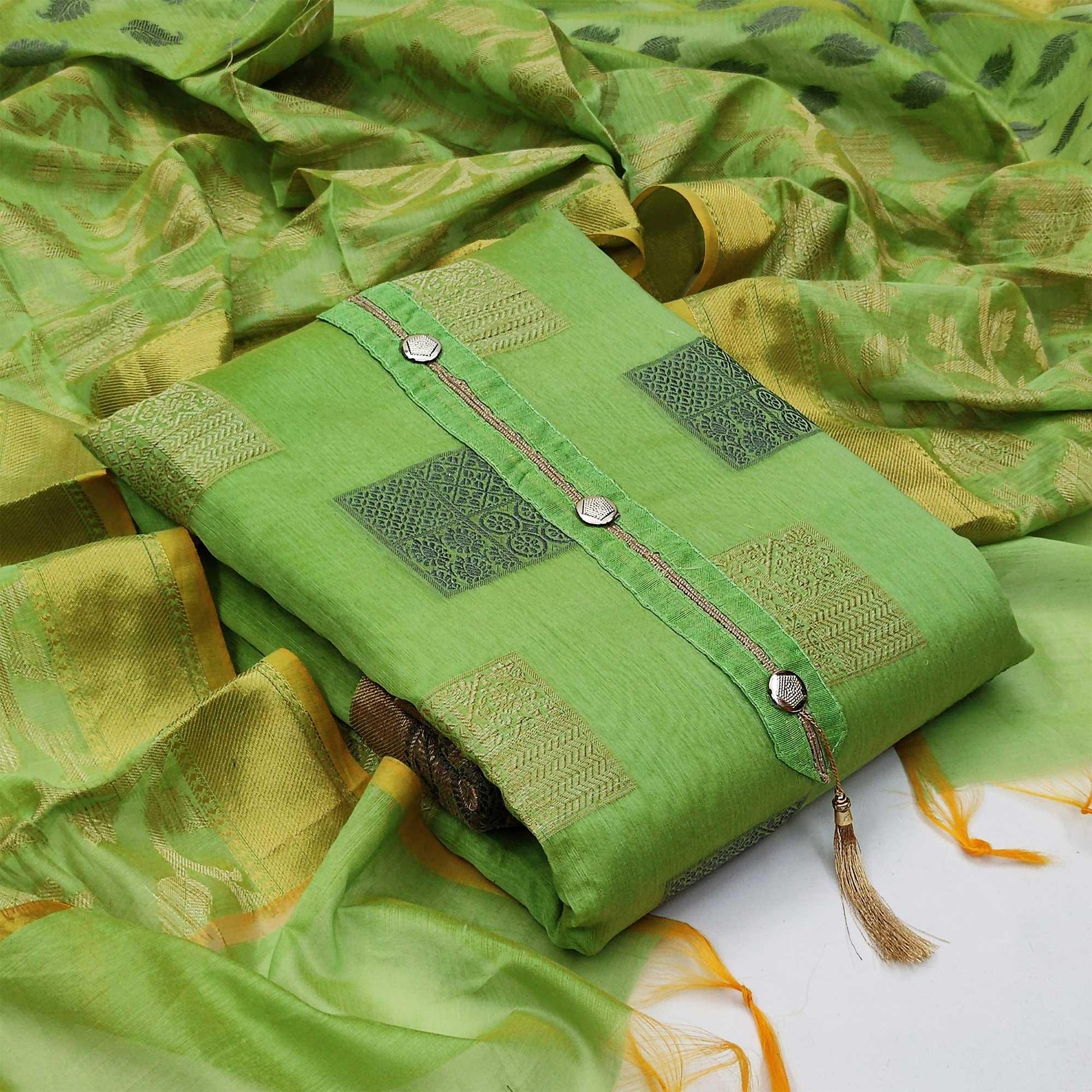 Groovy Green Colored Casual Wear Woven Banarasi Jacquard Dress Material