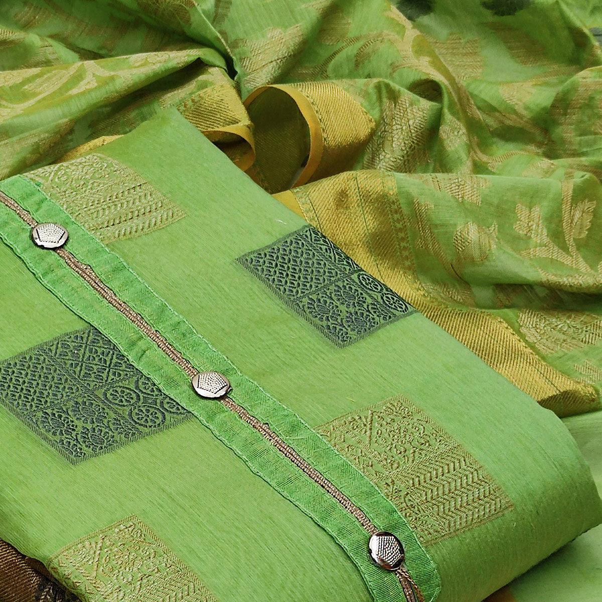 Groovy Green Colored Casual Wear Woven Banarasi Jacquard Dress Material