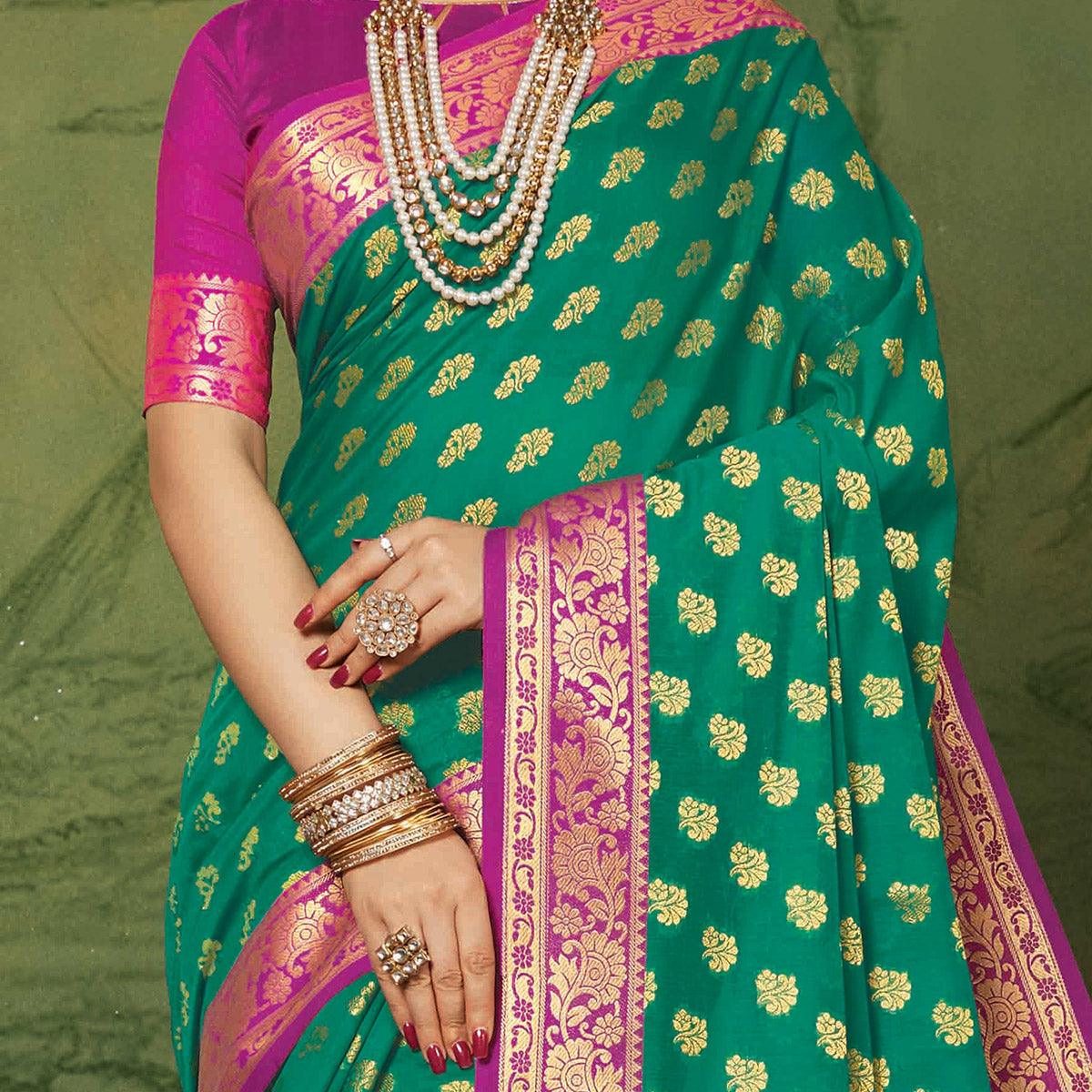 Groovy Green Colored Festive Wear Woven Handloom Silk Saree