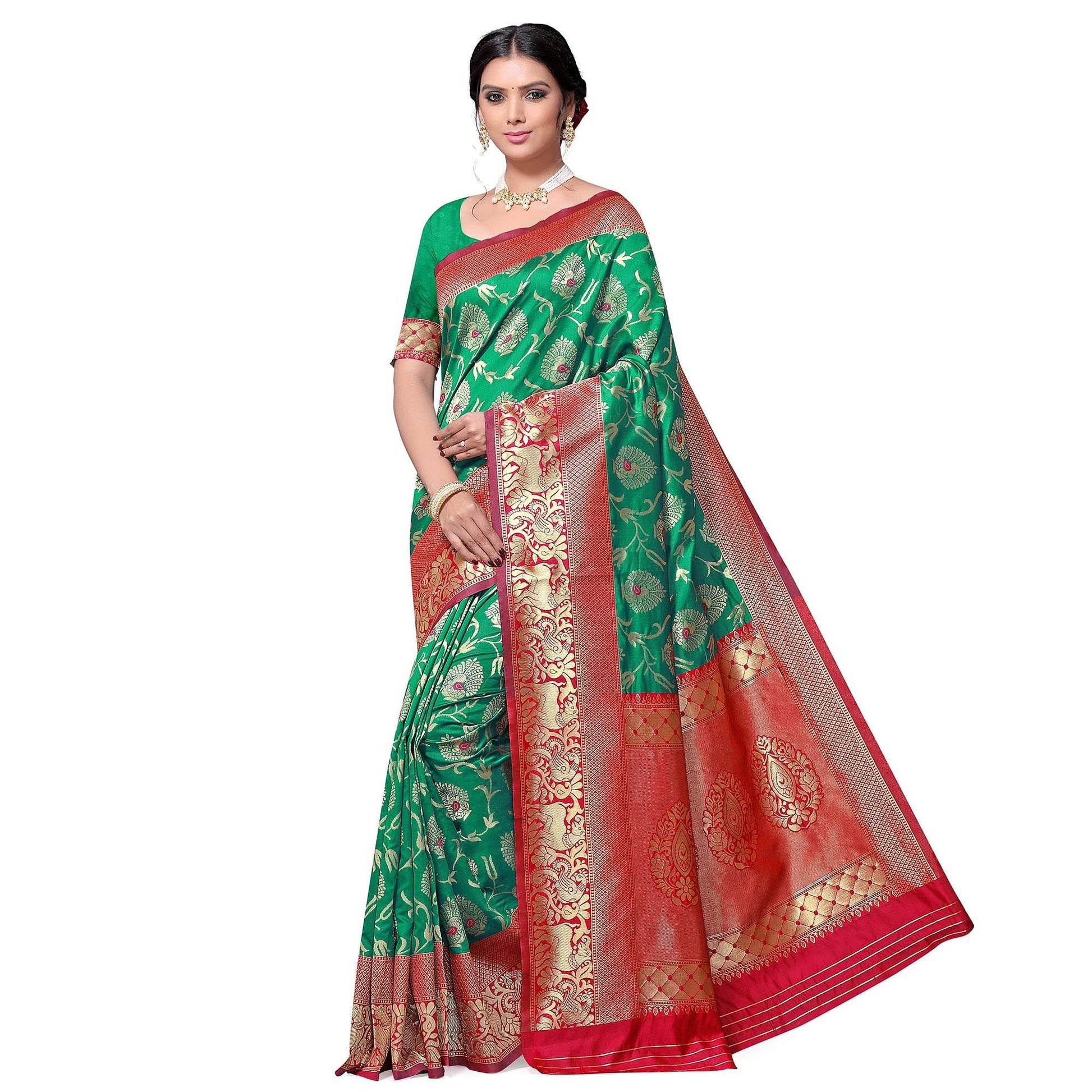 Groovy Green Colored Festive Wear woven Kota Lichi Banarasi Silk Saree