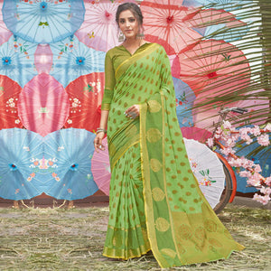 Groovy Green Coloured Festive Wear Woven Cotton Handloom Saree