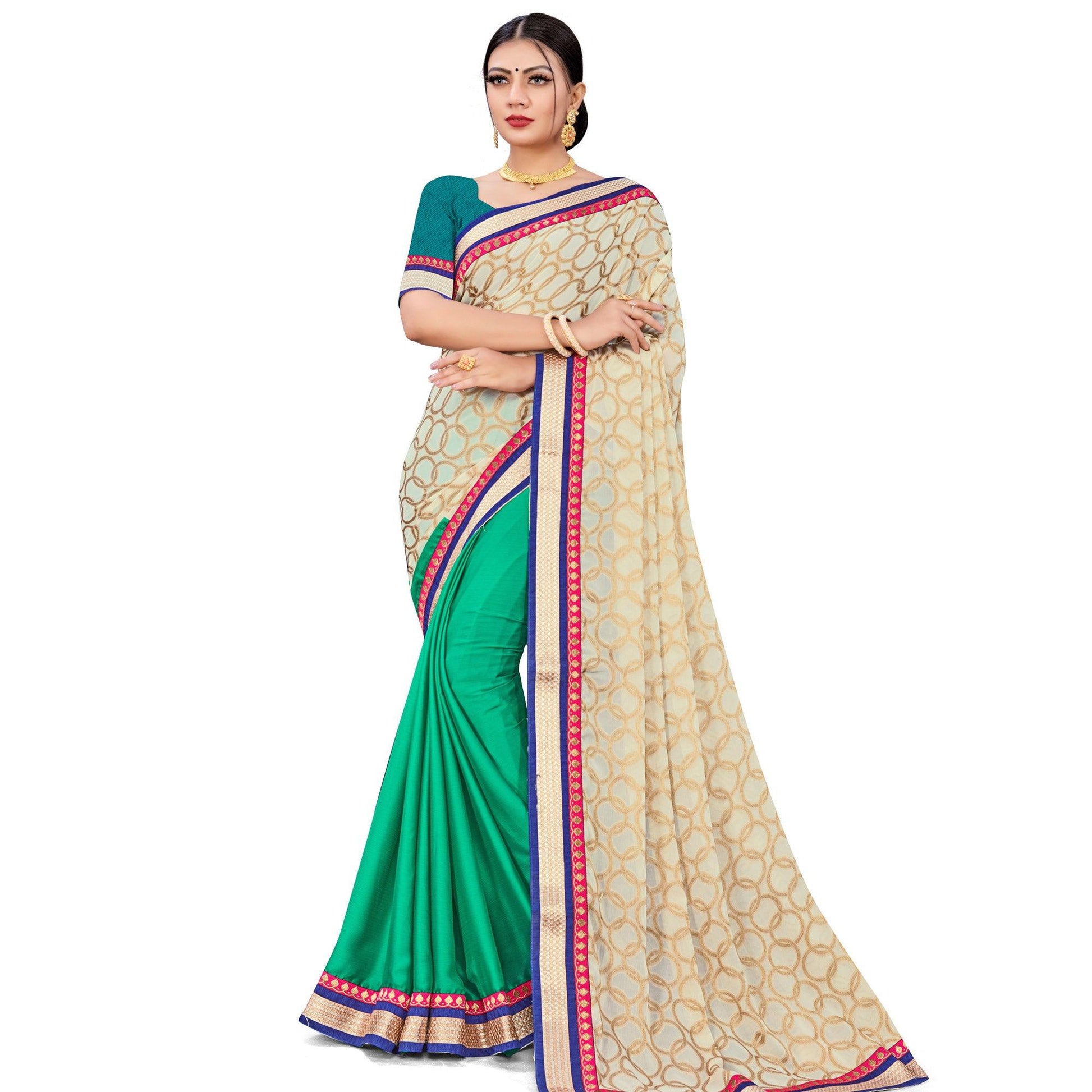 Groovy Green-Cream Colored party Wear Georgette Half-Half Saree