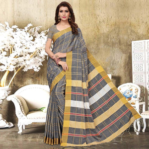 Groovy Grey Colored Festive Wear Checks Print Pure Linen Saree