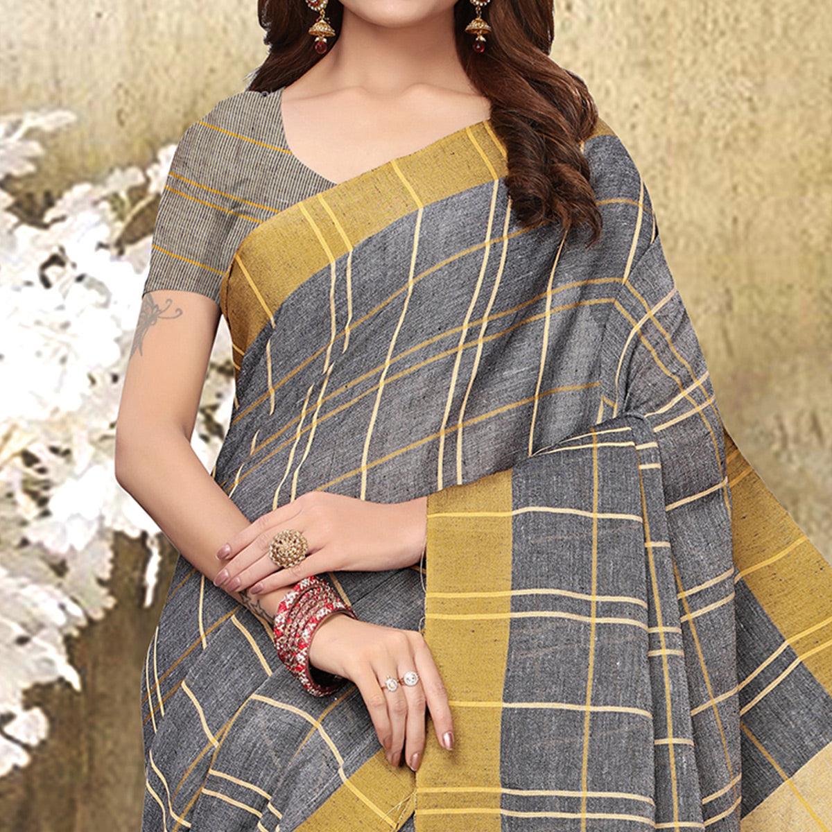 Groovy Grey Colored Festive Wear Checks Print Pure Linen Saree