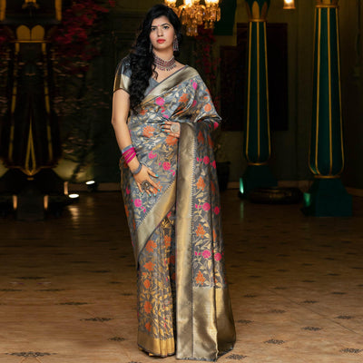 Groovy Grey Coloured Embroidered Partywear Banarasi Silk Saree