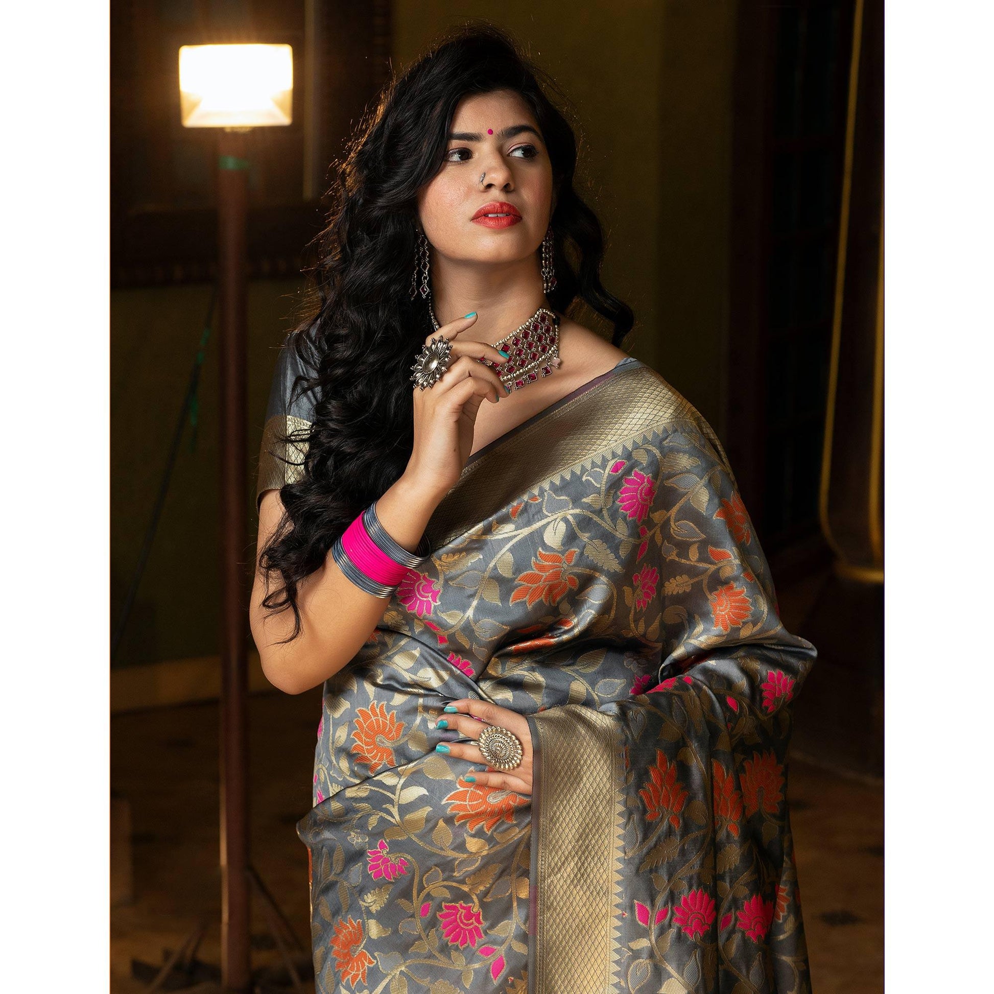 Groovy Grey Coloured Embroidered Partywear Banarasi Silk Saree